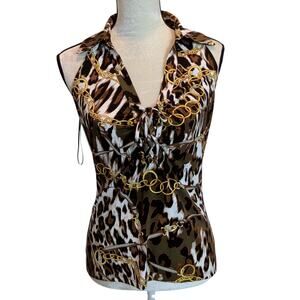 Vintage Y2K Cache Sz M Baroque Animal Print Sleeveless Top Lace Up Mobwife